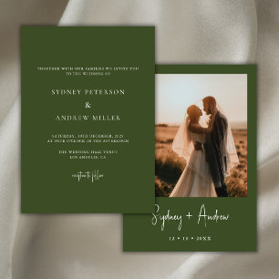 Modern Olive Green Summer Wedding Photo Invitation