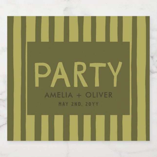 Modern Olive Green Typography | Bold Striped Back Sparkling Wine Label (Single Label)