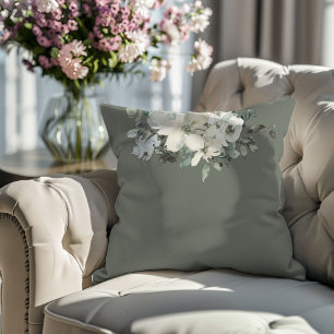 Modern Olive Green Watercolor Floral  Throw Pillow