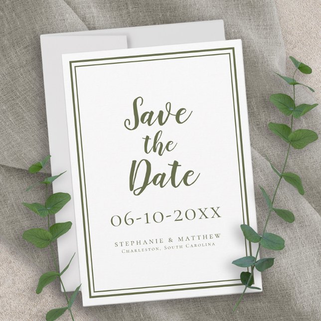 Modern Olive Green Wedding Script Simple Classic Save The Date (Modern Olive Green Wedding Script Simple Classic Save The Date)