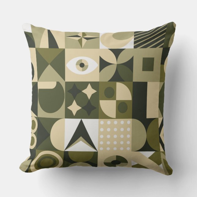 Modern Olive & Sage Geometric Abstract Mosaic Pill Throw Pillow (Front)