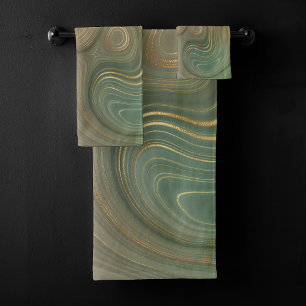 Modern Olive Strata   Earthy Green and Gold Agate Bath Towel Set
