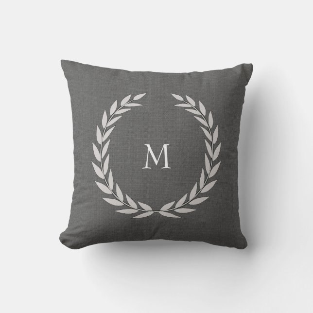 Modern Olive wreath dark grey burlap monogram Throw Pillow (Front)