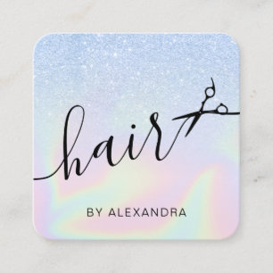 Modern ombre blue holographic hairstylist square business card
