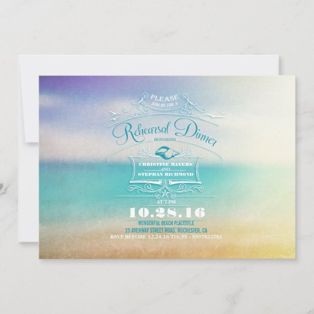 Modern ombre blue vanilla beach rehearsal dinner invitation (Front)