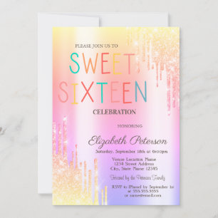Modern Ombre Glitter Drips Colourful Sweet 16 Invitation