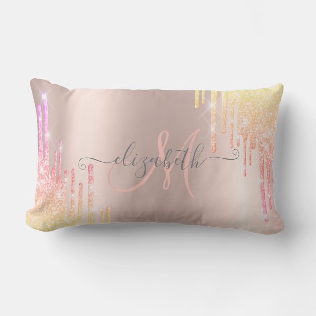 Modern Ombre Glitter Drips Rose Gold Monogram   Lumbar Pillow (Front)