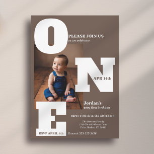 Modern ONE first birthday photo mocha brown Invitation