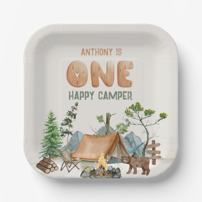 Modern One Happy Camper Watercolor 1st Birthday Paper Plate (Front)
