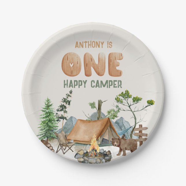 Modern One Happy Camper Watercolor 1st Birthday Paper Plate (Front)