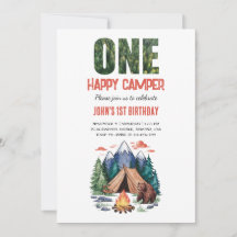 Modern One Happy Camper Woodland 1st