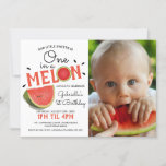 Modern One in a Melon Photo | Summer Kids Birthday Invitation<br><div class="desc">Modern One in a Melon Birthday Party invitation,  featuring a photograph of the birthday child,  a contemporary design of a watermelon,  watermelon seeds,  the text "our little sweetie is" and a birthday template that is easy to customize.</div>
