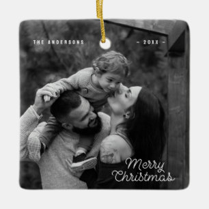 Modern One Photo Chequerboard Merry Christmas Ceramic Ornament