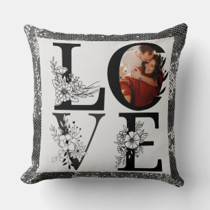 Modern ONE Photo floral silver glitter valentine Throw Pillow