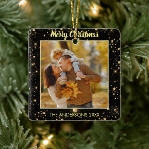 Modern One Photo Sparkling Black Faux Gold Glitter Ceramic Ornament