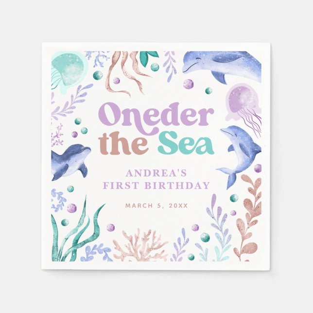 Modern Oneder the Sea Dolphin Retro First Birthday Napkin (Front)
