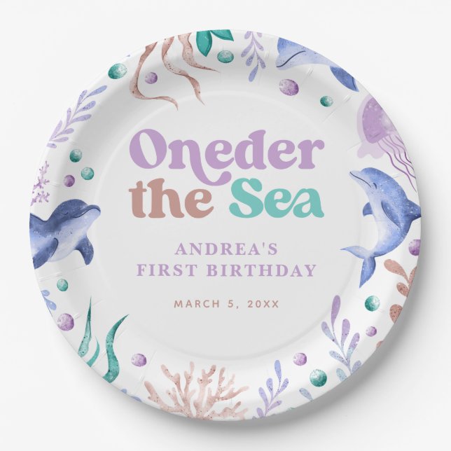 Modern Oneder the Sea Dolphin Retro First Birthday Paper Plate (Front)