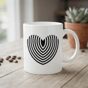 Modern Op Art Concentric Black and White Heart Mug