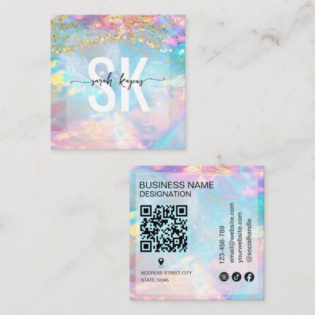 Modern Opal stone holographic monogram Qr Code Square Business Card (Front/Back)