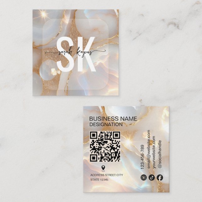 Modern Opal stone monogram Qr Code Square Business Card (Front/Back)