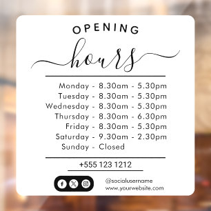 Modern Opening Hours Elegant Script Small Business Window Cling