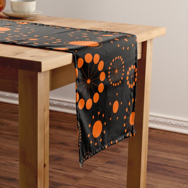 Modern Orange Abstract Circles & Stars Pattern Short Table Runner (In Situ)