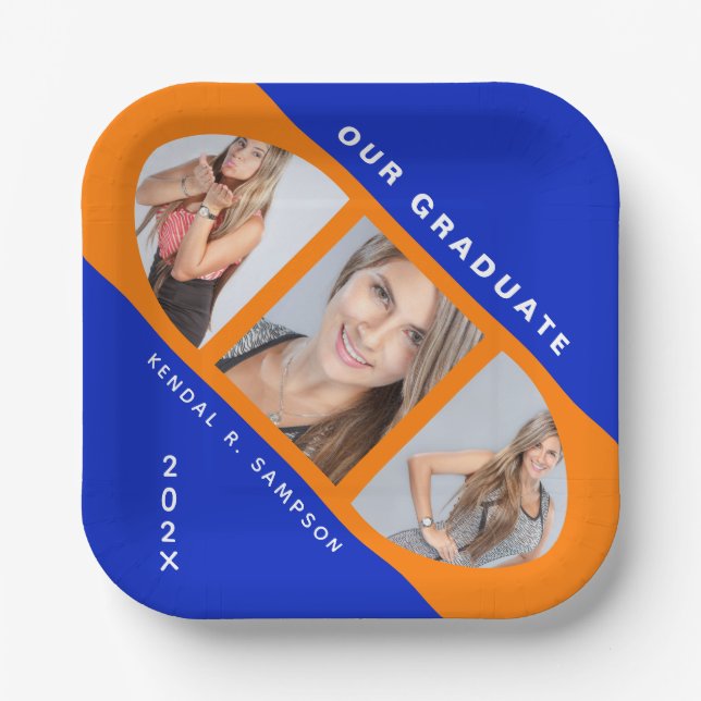 Modern Orange and Blue Graduation Photo Collage Paper Plate (Front)