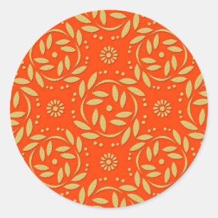 Modern Orange and Gold Floral Pattern Classic Round Sticker