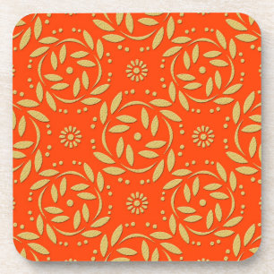 Modern Orange and Gold Floral Pattern Coaster