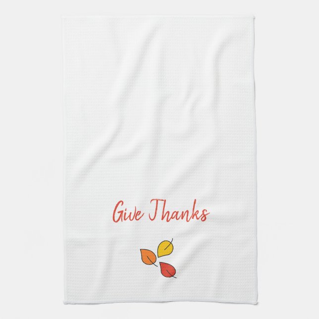 Modern Orange and Gold Leaves Give Thanks Kitchen Towel (Vertical)