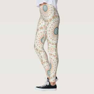 Modern Orange and Green Mandala Pattern Leggings