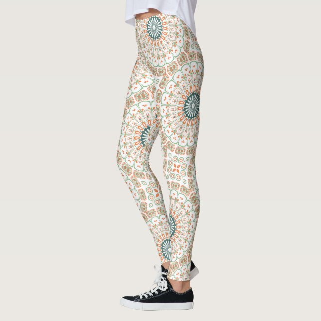 Modern Orange and Green Mandala Pattern Leggings (Left)