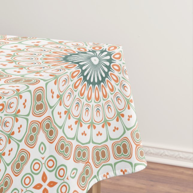 Modern Orange and Green Mandala Pattern Tablecloth (In Situ)