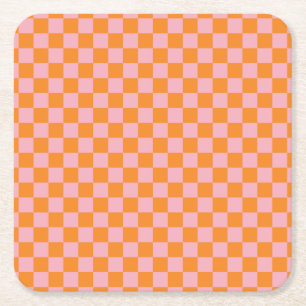 Modern Orange and Pink Checkers Halloween  Square Paper Coaster