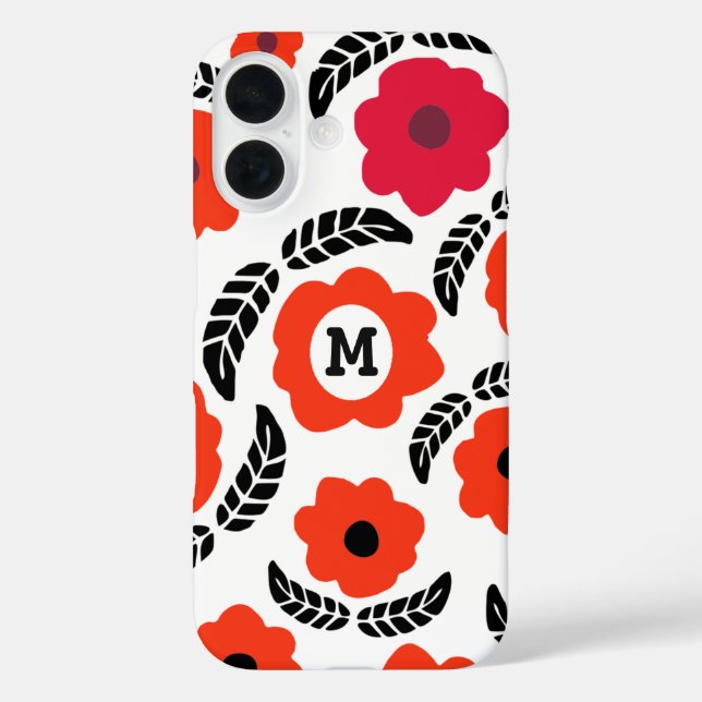 Modern Orange and Red Floral Monogram Case-Mate iPhone Case (Back)