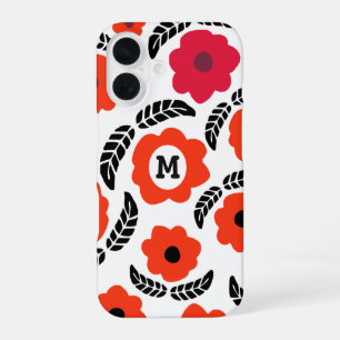 Modern Orange and Red Floral Monogram iPhone 16 Case