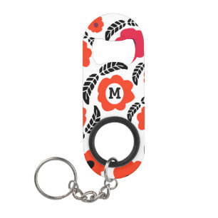 Modern Orange and Red Floral Monogram Keychain Bottle Opener