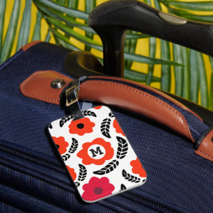 Modern Orange and Red Floral Monogram Luggage Tag