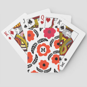 Modern Orange and Red Floral Monogram Playing Cards