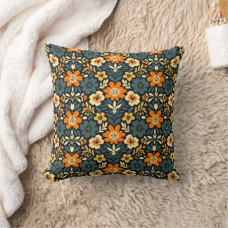 Modern Orange and Teal Floral Design Throw Pillow