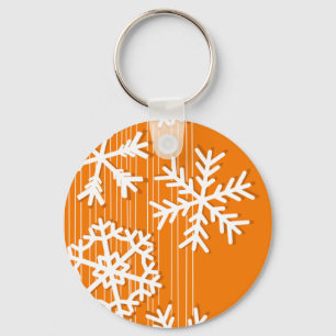 Modern orange and white Christmas white snowflakes Keychain