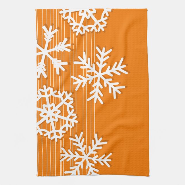 Modern orange and white Christmas white snowflakes Kitchen Towel (Vertical)