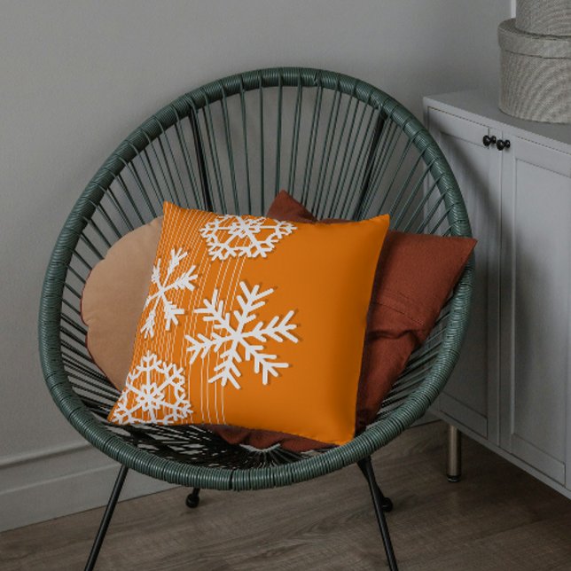 Modern orange and white Christmas white snowflakes Throw Pillow (Creator Uploaded)