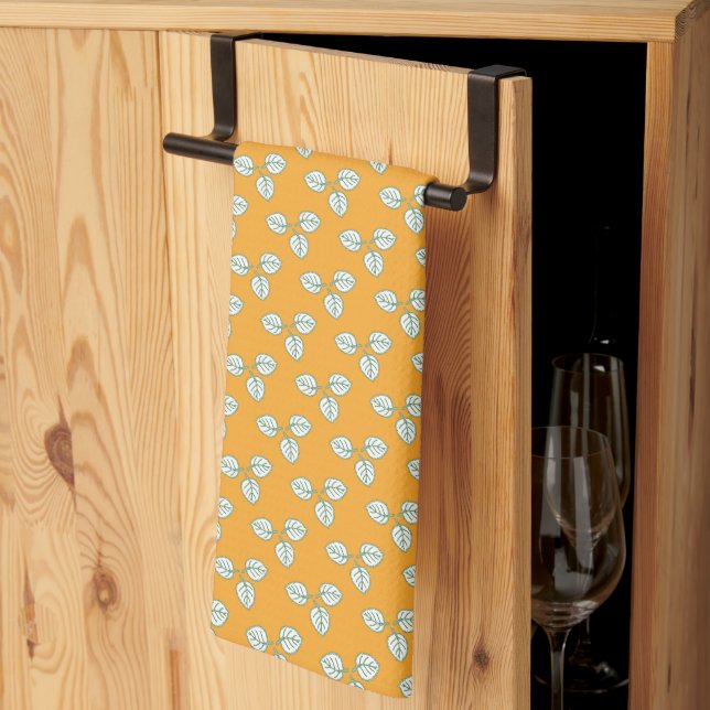 Modern Orange and White Leaf Pattern Kitchen Towel (Thirds Fold)