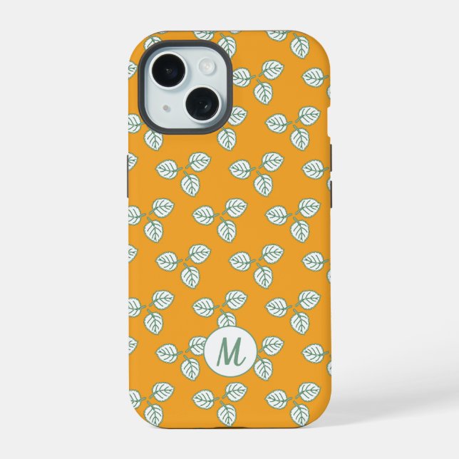 Modern Orange and White Leaf Pattern Monogram iPhone 15 Case (Back)