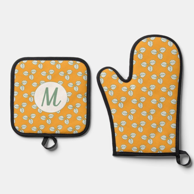 Modern Orange and White Leaf Pattern Monogram Oven Mitt & Pot Holder Set (Front)