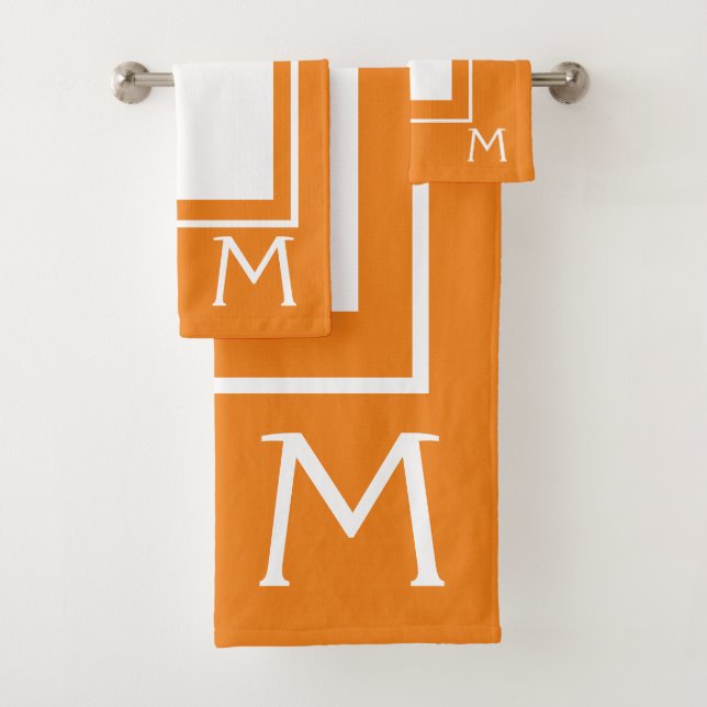 Modern Orange and White Monogram Bath Towel Set (Insitu)