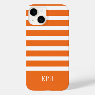 Modern Orange and White Stripe with Monogram Case-Mate iPhone 14 Case