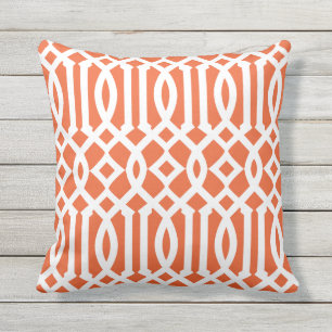 Modern Orange and White Trellis Pattern Outdoor Pillow