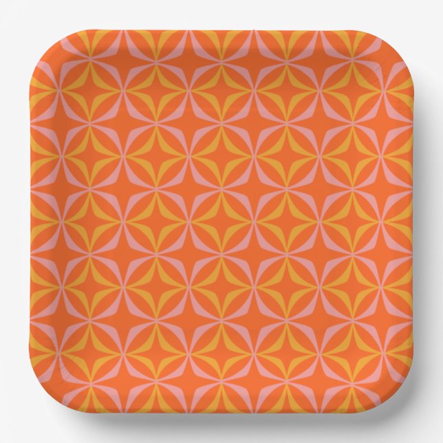 Modern Orange and Yellow Retro Pattern Wedding Paper Plate (Front)